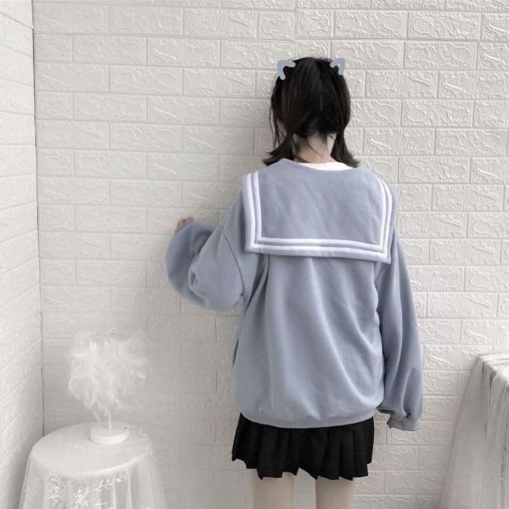 Neploe Striped Sailor Collar Zipper Sweatshirt Cardigan Coat Autumn Winter Fleece Thicken Women Jacket New Top Jumper 55820 201102