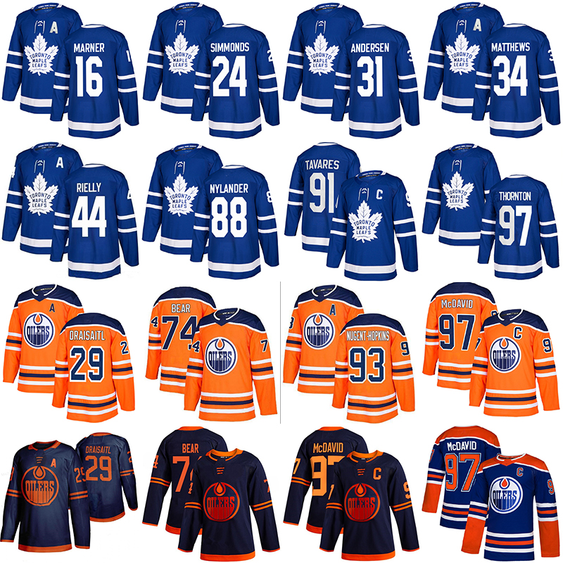 34 Auston Matthew 91 John Tavares 16 Mitch Marner 97 Thornton 24 Simmonds 97 Connor McDavid 74 Ethan Bear 29 Draisaitl Hockey Jerseys