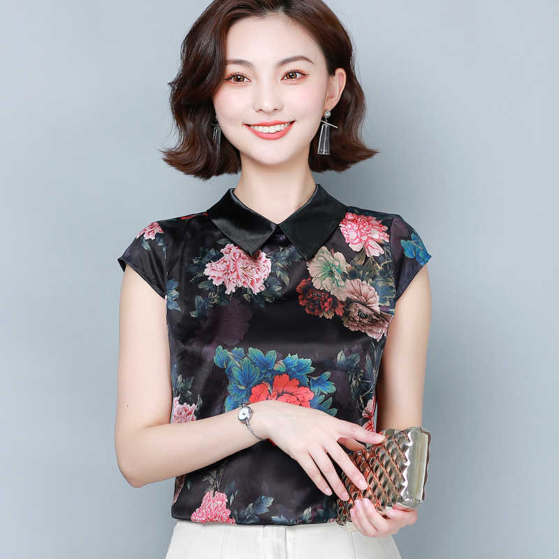 Korean Silk Women Blouses Woman Satin Print Shirt Ladies Peony Floral Top Plus Size Blusas Mujer De Moda 210531