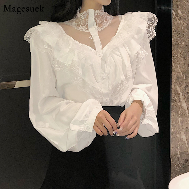 Ruffles White Lace Stitching Shirt Autumn New Fashion Lace Blouse Women Puff Sleeve Sweet Sexy Womens Tops Blusas De Mujer 10783 210225