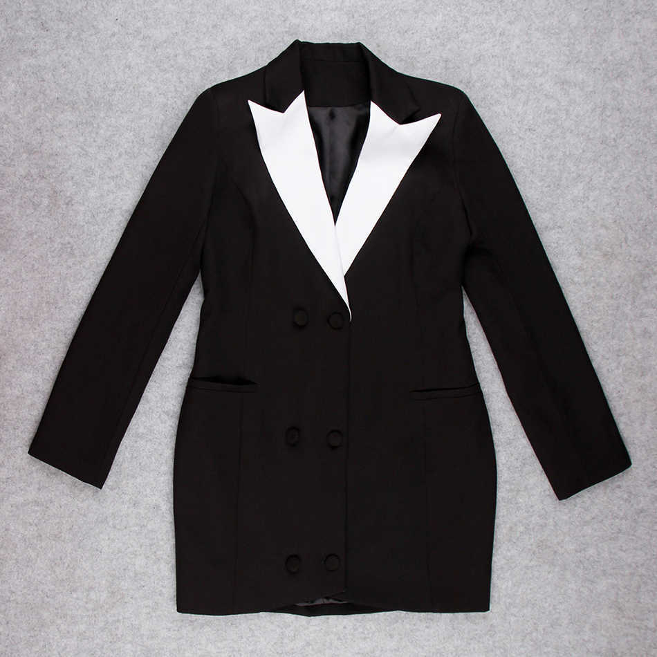 Summer Ladies Mini Black Blazer Dress V-neck Button Sexy Long Sleeve Tights Jacket Celebrity Club Party 210525