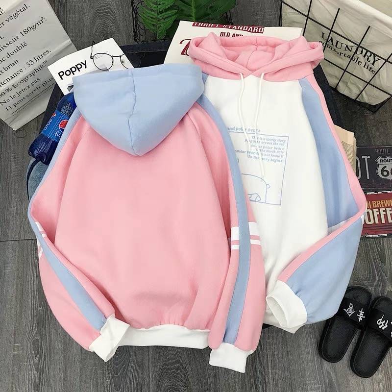 Women Plush Cute Bear Print Hoodie Long Sleeve Hoody Female Sweatshirts Loose Size Lovely Cotton Treetwear Top Spring Clothes 201102