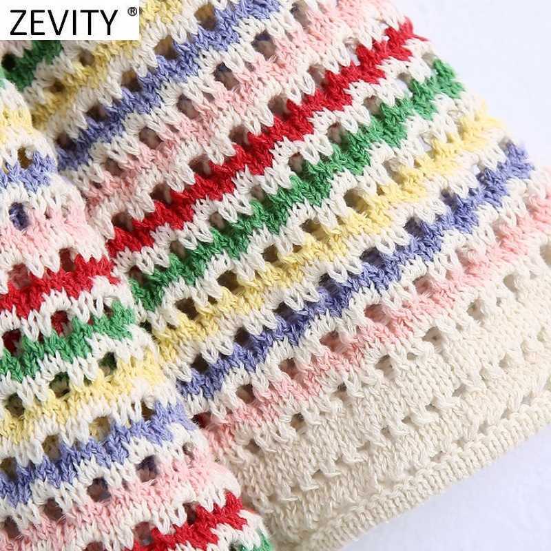 Zevity Women Stand Collar Rainbow Striped Casual Jacquard Knitting Sweater Female Chic Short Sleeve Pullovers Hollow Tops SW804 210918