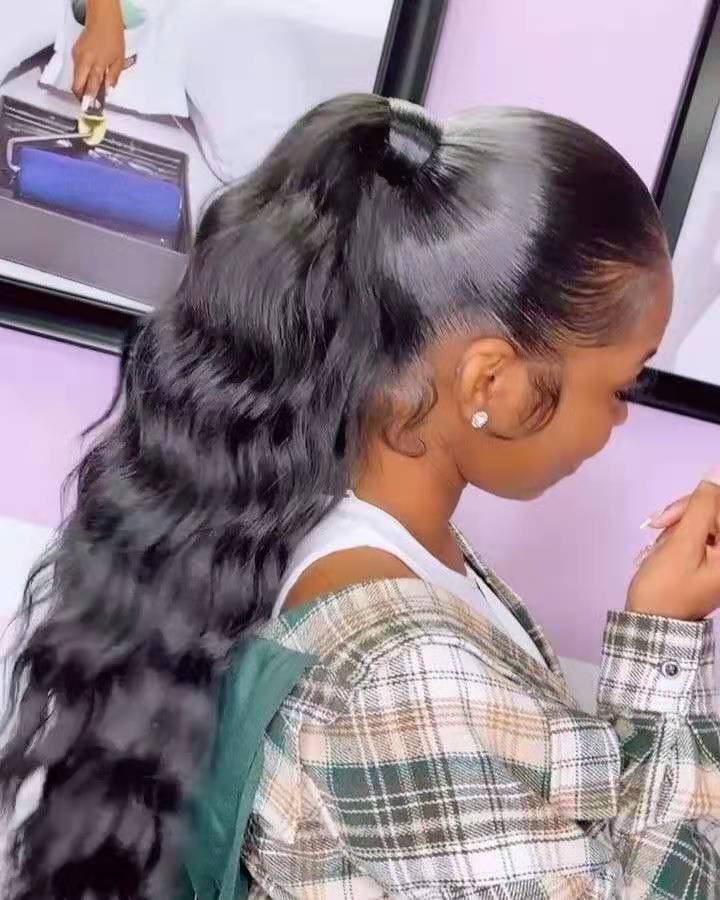 Soft Human Long Body Wavy Drawstring Ponytail for Women Wave Hair Extension Clip in Hairpiece Black Fake Hair pony tail 140g