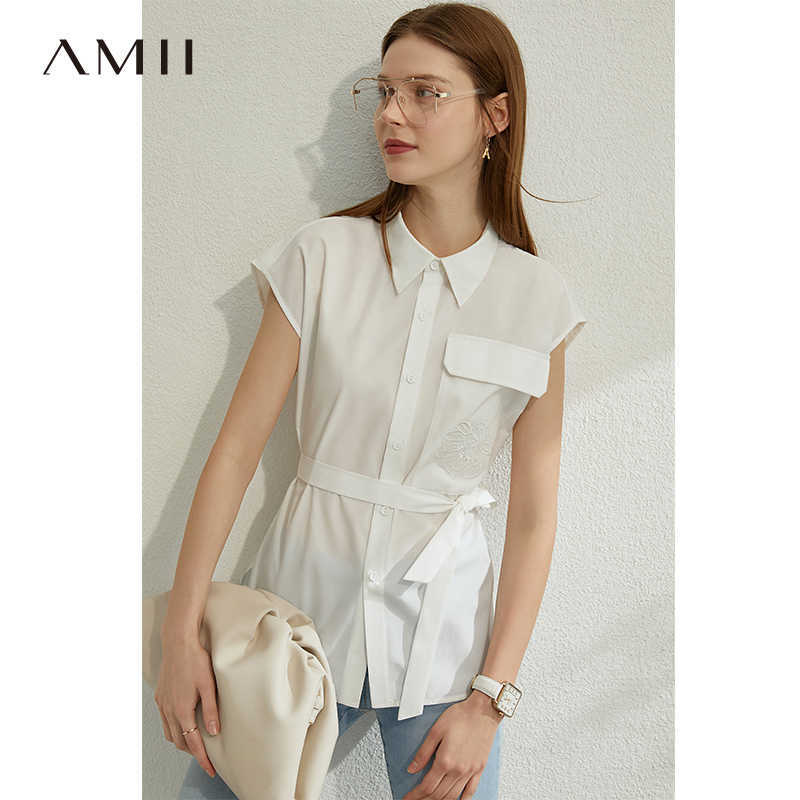 Minimalism Spring Summer Flower Embroidery Women Shirt Tops Caual Lapel Single-breasted Belt Female 12070219 210527