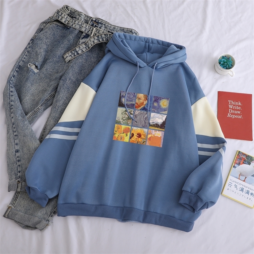 oversized Van Gogh Oil Painting Pullover Thick Loose Women Hoodies clothes Fleece Hot Harajuku Contrast Color Sweatshirt Female 201212
