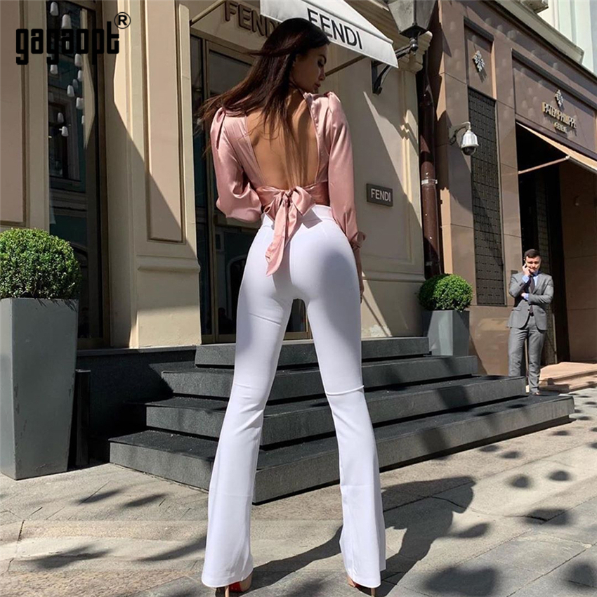 Gagaopt Women Sexy Turtleneck Backless Tops Long Sleeve Elegant Crop Tops Pink Leisure Vacation Home Clothing 210225