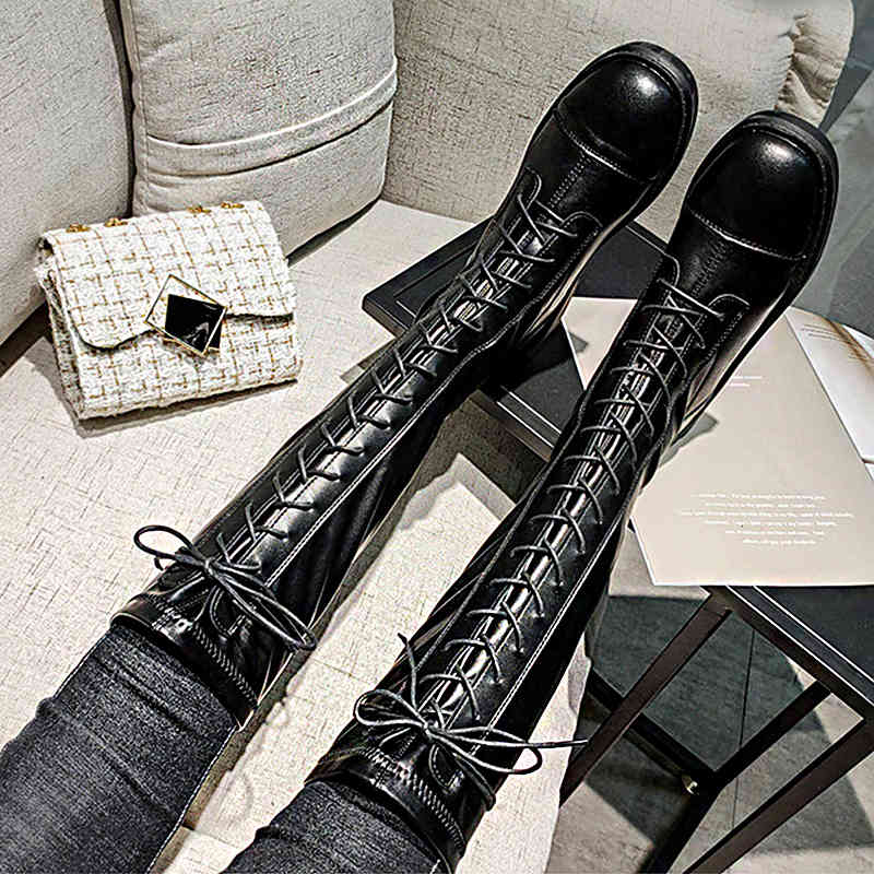 boots autumn fashion high heels knee-length rubber thick-soled non-slip lace-up women's rear zipper chelsea xrx9, Black