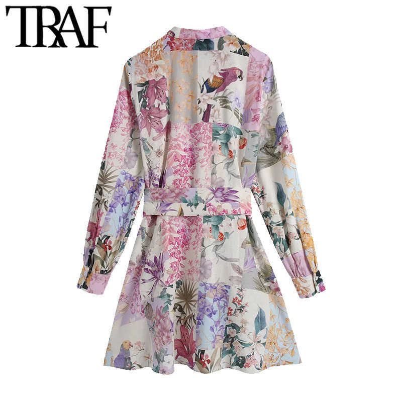 TRAF Women Chic Fashion With Belt Floral Print Mini Dress Vintage Long Sleeve Button-up Female Dresses Vestidos Mujer 210630