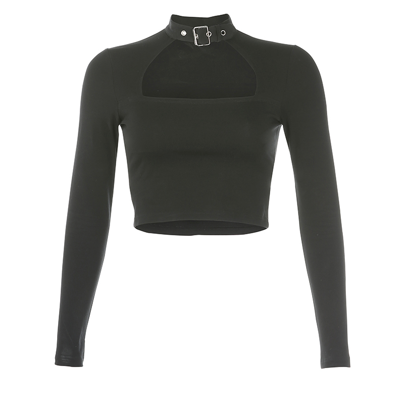 Rockmore Buckle Halterneck Sexy Womens T Shirt Harajuku Long Sleeve Crop Top Streetwear Basic Tshirt Women Tight Tees Shirts 210302
