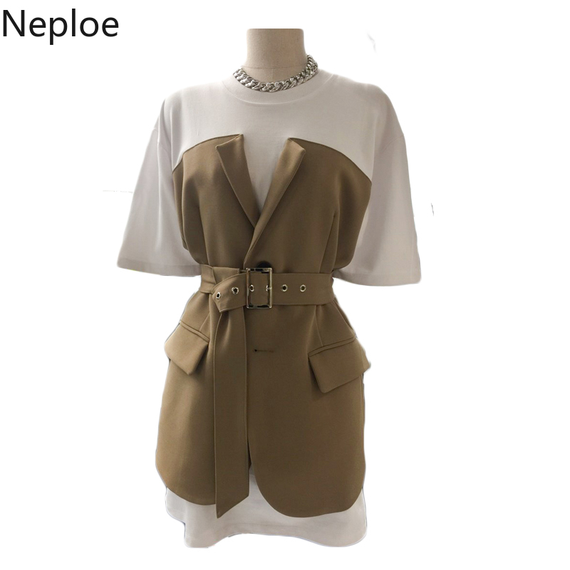 Neploe T Shirts Women Fashion Patchwork O Neck Short Sleeve Female Tops Summer Casual Sashes Slim Waist Ladies Tees 1C118 T200614