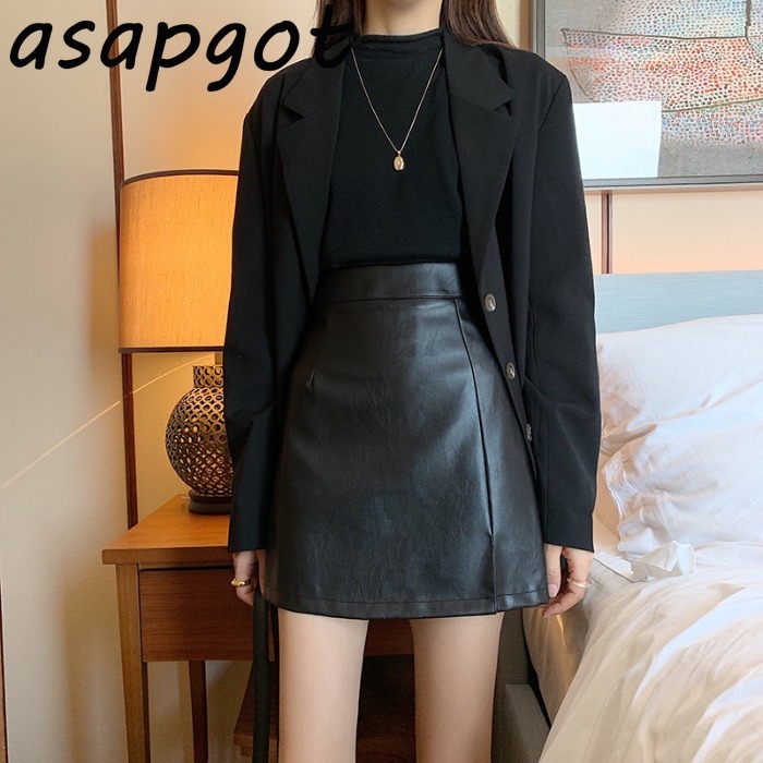 Korea Chic Autumn Black PU Leather Skirt Women Mini High Waist A Line Slim Solid Vintage Femme Jupes Street Plus Size Casual 210306