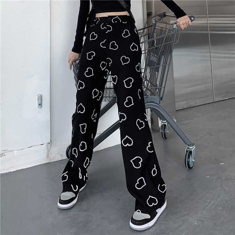 MINGLIUSILI Hip Hop Wide Leg Pant Vintage Korean Style Trousers Women Fashion Spring Harajuku Heart Print Women Pants 211006