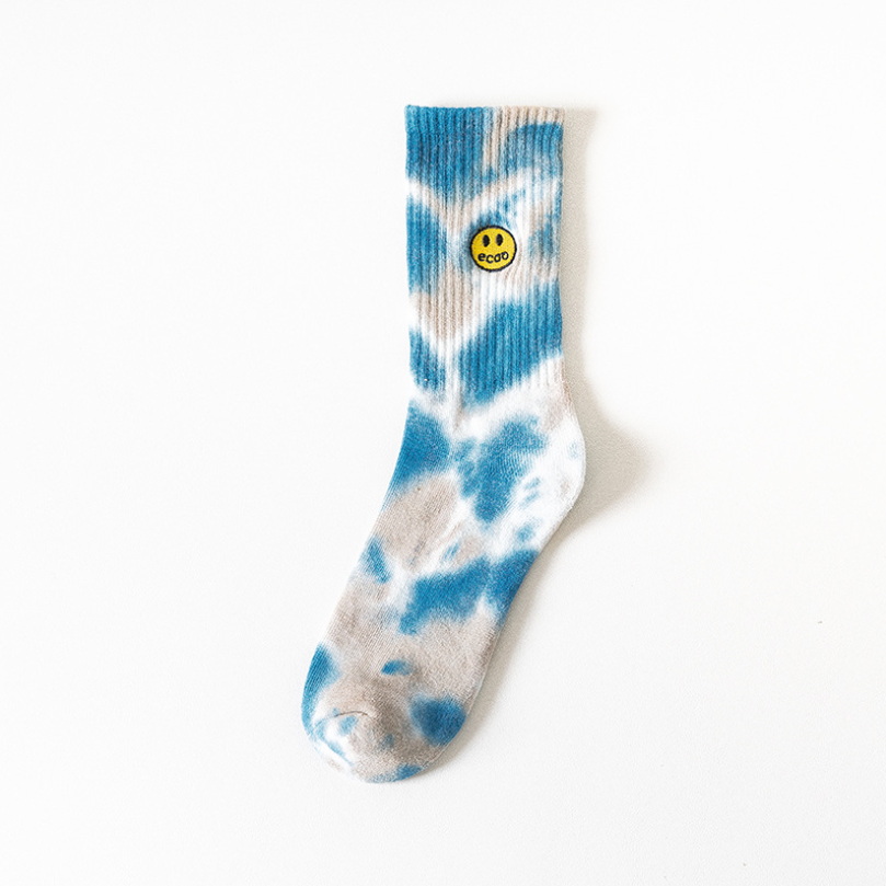 Socks Streetwear Embroidery Smile Face Tie Dye Hip Hop Men Women Harajuku Fashion Casual Casual Cotton Sock