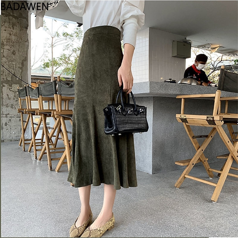 New Fashion Women Long Skirts Vintage Mermaid High Waist Solid Color Package Hip Slim Tight Fishtail Office Lady for Winter 210309