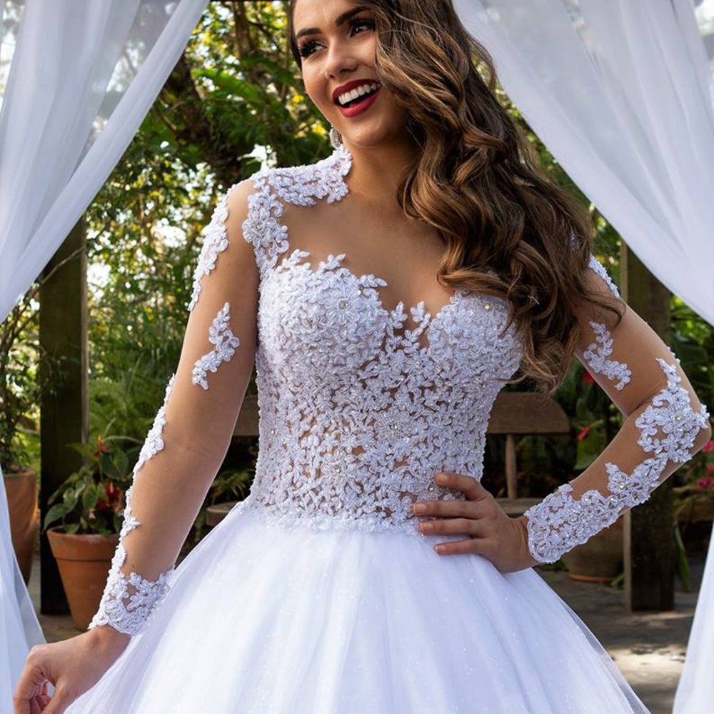 Vintage Chapel Train A Line Wedding Dresses Bridal Gowns Bright White Long Sleeves Lace Appliqued Luxury Beads Formal Bride Dress Tulle Robe De Marria