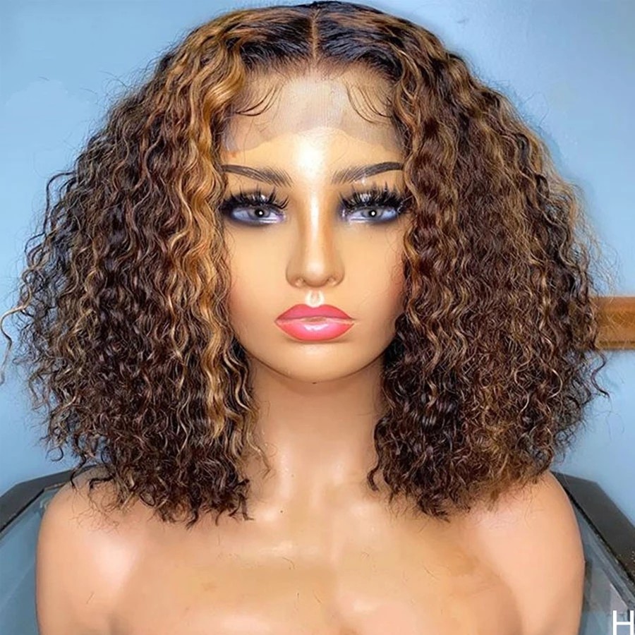 1B/Blonde Ombre Short Kinky Curly Simulation Human Hair Wigs Pre Plucked Black /Burgundy Red Synthetic Lace Front Bob Wig Heat Resistant