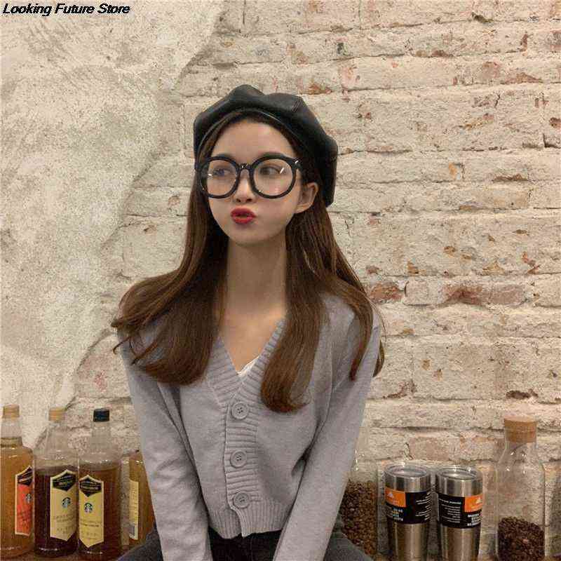 Knitted Crop Cardigan Women Korean Short Sweater Long sleeve V neck Cardigan Green Blueexpose Waist Women Clothing 211109