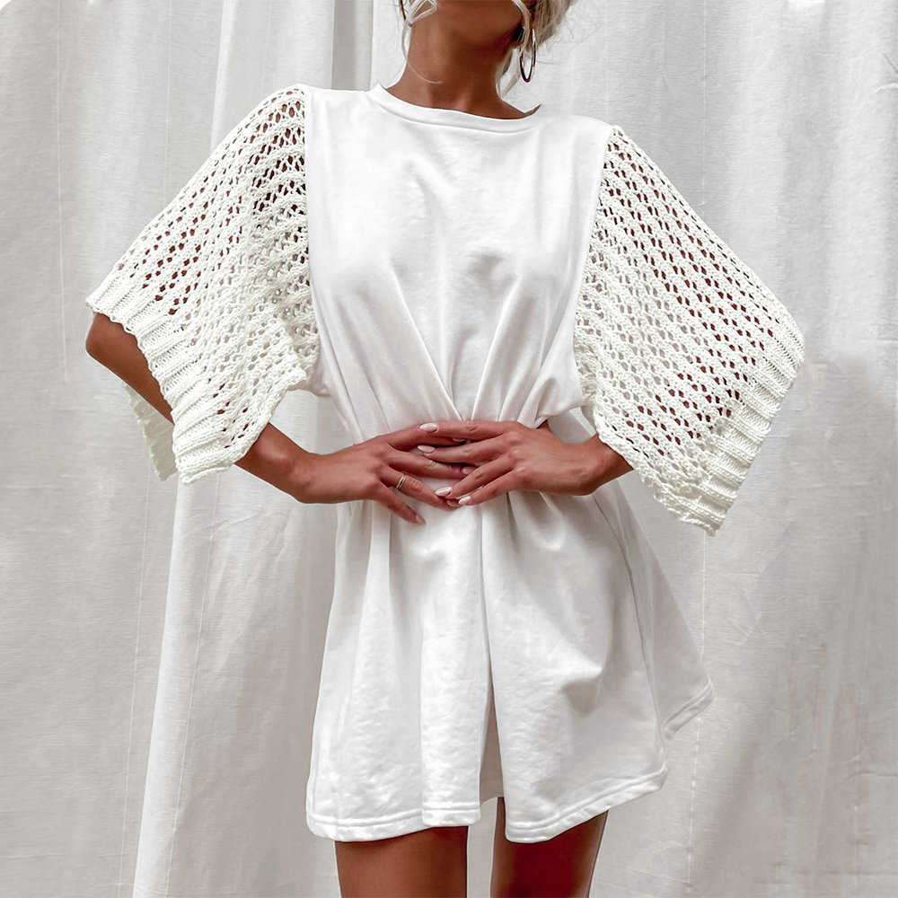 Summer T-Shirt Dress Women Hollow Out Knitted Sleeve Patchwork O-Neck Half Solid Straight Casual Loose Long Top 210526, White
Summer T-Shirt Dress Women Hollow Out Knitted Sleeve Patchwork O-Neck Half Solid Straight Casual Loose Long Top 210526, White
