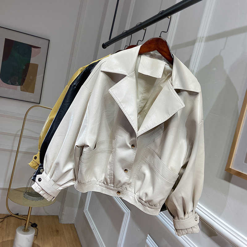 LY VAREY LIN Autumn Women Faux Leather Jacket Loose Style Vintage Batwing Sleeve Biker Coat Punk 210526