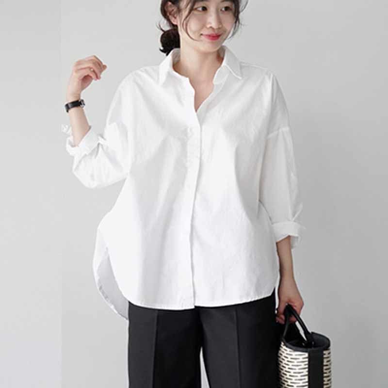 Office Lady Cotton White Blouse Women Long Sleeve Plus Size Women Shirts Blouses Casual Button Loose Shirt Top Female 12650 210225