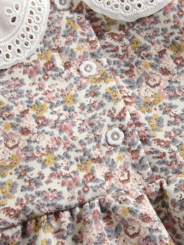 Baby Ditsy Floral Eyelet Embroidered Statement Collar Bishop Sleeve Dress SHE