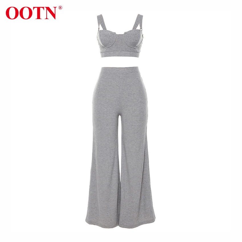 OOTN White Crop Top Summer 2 Piece Set Women Sleeveless Tank Top And Wide Leg Flare Pants Gray Solid Casual Two Piece Set Femme 210302