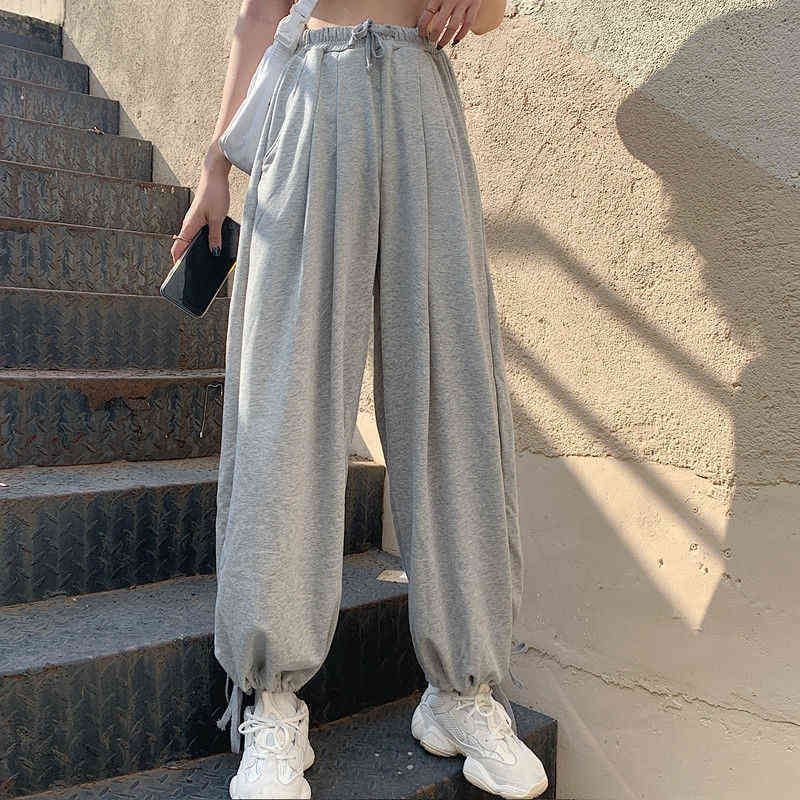 MINGLIUSILI Gray Jogger Summer Korean Fashion Sweatpants High Waist Solid Color Streetwear Loose Casual Pants 211124Z