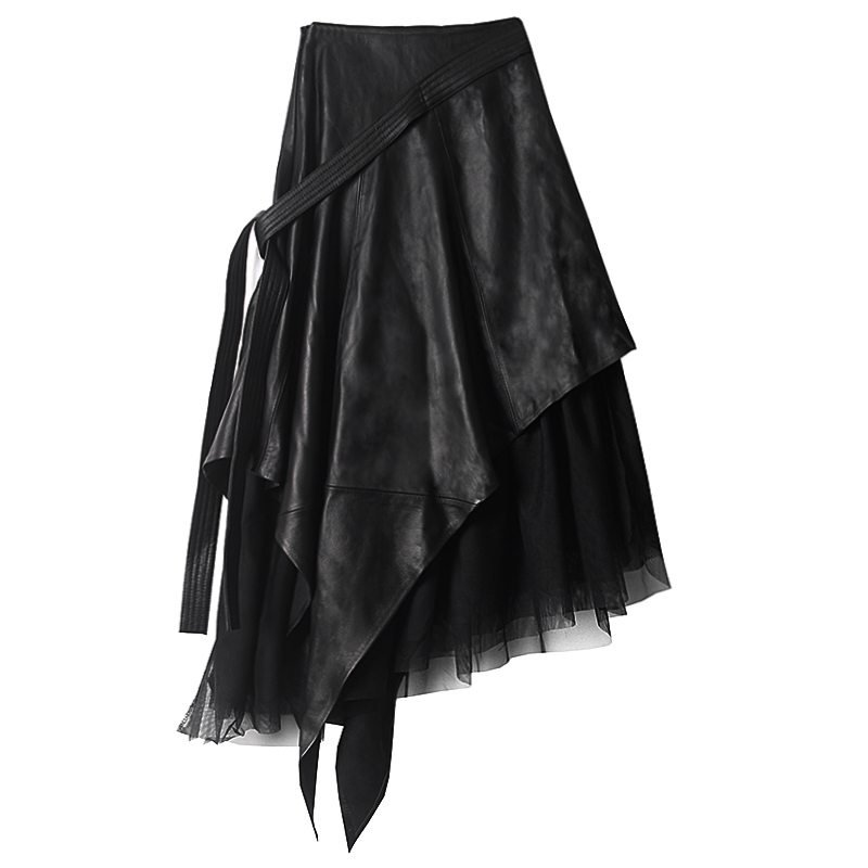 LANMREM Spring Autumn PU Leather Skirt In The Long Section Of High Waist Aline Long Irregular Mesh Skirt 19Ba444 210306