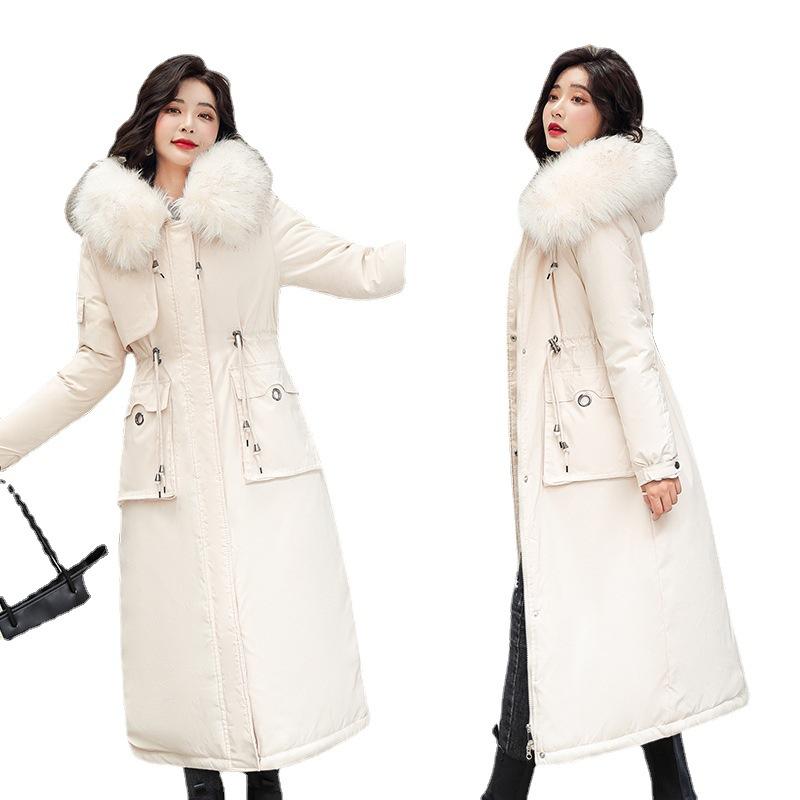 Women's Down & Parkas Long Cotton Jacket Below The Knee Slim Fit Fur Collar Fleece Cotton-Padded Coat Winter Windbreaker