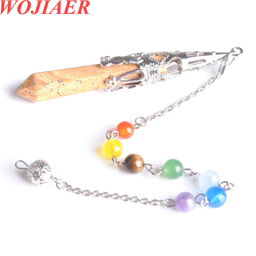 WOJIAER 2021 New 7 Chakra Pendulums Hexagonal Prism Pendant Natural Stone Amethyst Tigers eye Pendulo for Men And Women BO941