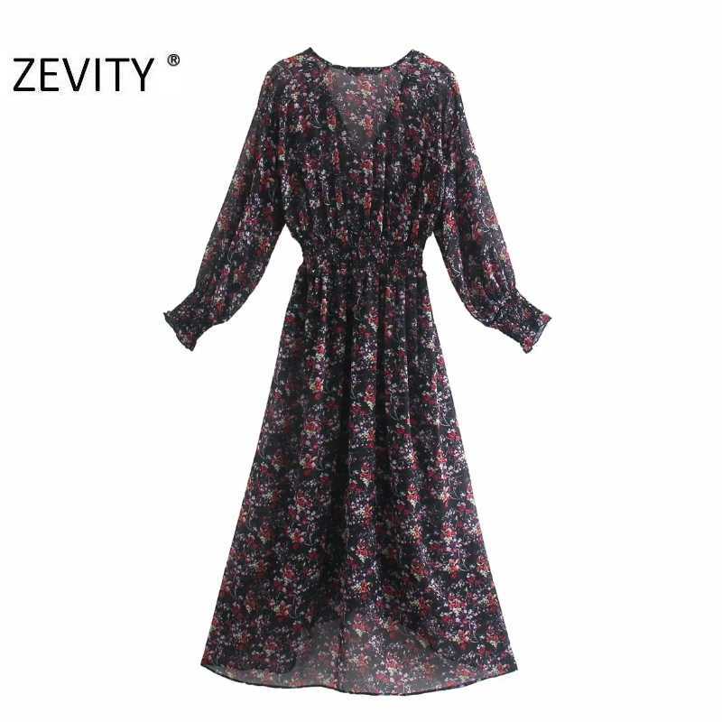 Zevity Women Elegant V Neck Flower Print Elastic Waist Chiffon Dress Chic Female Long Sleeve Casual Slim A Line Vestido DS4616 210603