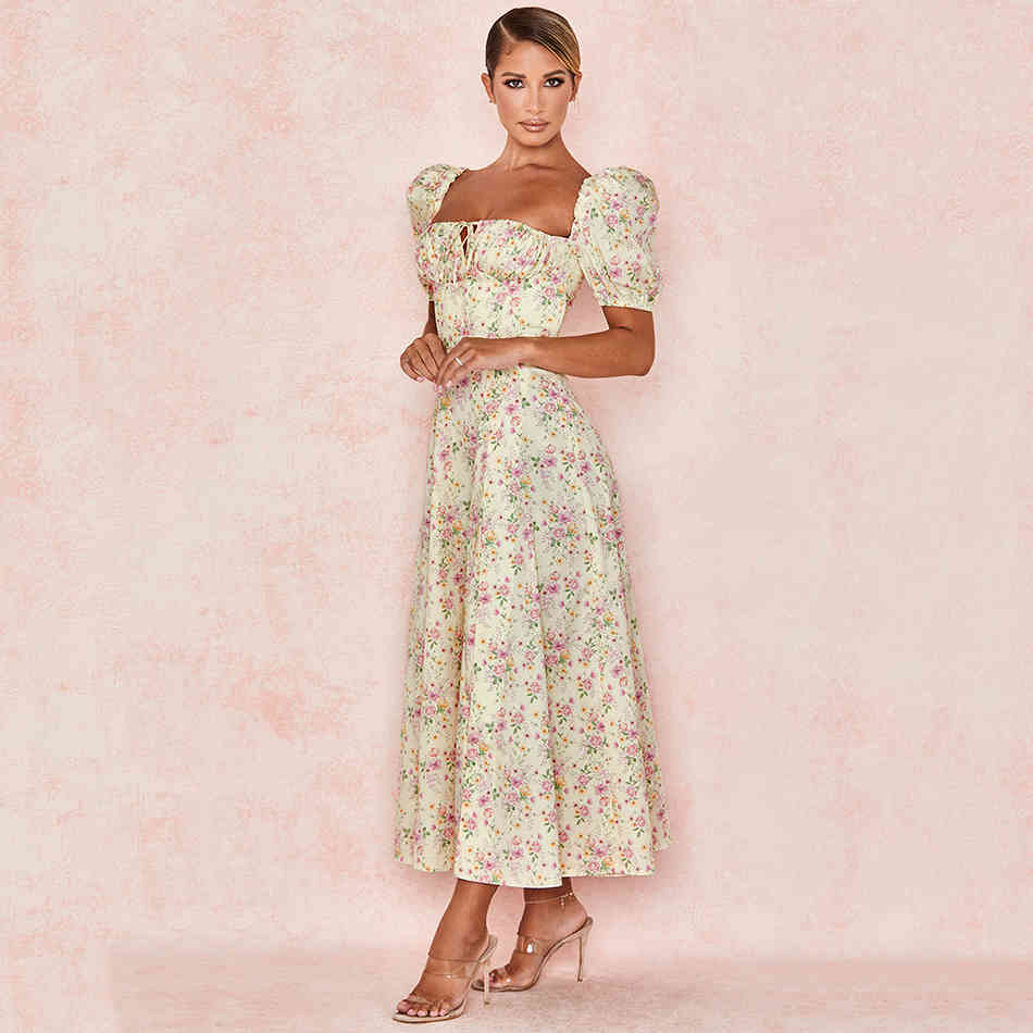 Summer Fashion A-line Print Ladies Floral Short Sleeve Square Neck Holiday Female Split Backless Sexy Party Dress 210525