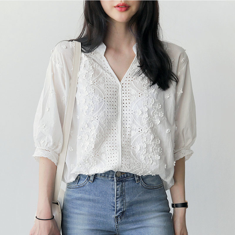 BETHQUENOY Embroidery Blouse White Shirts Women Clothes Plus Size Cotton Tops Camisas Blusas Mujer De Moda Chemisier Femme 210225