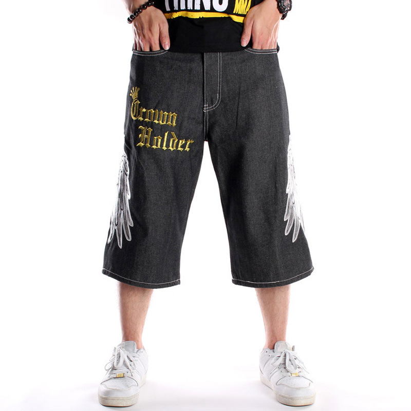 European and American Hip-hop Denim Shorts Men's Loose Plus Size Cropped Trousers Tide Brand Youth Plus Fat and Embroidered Skateboarding Pants, White;black
European and American Hip-hop Denim Shorts Men's Loose Plus Size Cropped Trousers Tide Brand Youth Plus Fat and Embroidered Skateboarding Pants, White;black