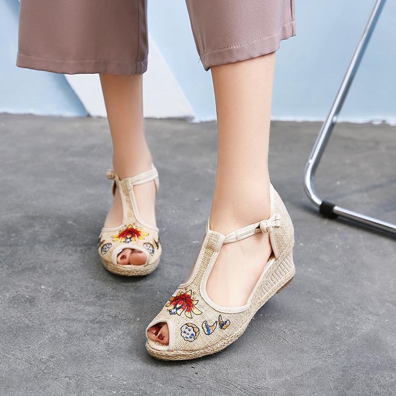 Dress Shoes Retro Handmade Ladies Flower Embroidered Linen Wedge Espadrilles 6cm Heel Bohemian Women Casual Summer Platform Sandals, Beige 
Dress Shoes Retro Handmade Ladies Flower Embroidered Linen Wedge Espadrilles 6cm Heel Bohemian Women Casual Summer Platform Sandals, Beige