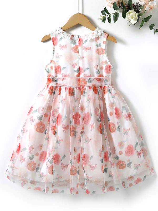 Girls Floral Print Contrast Guipure Lace Belted Mesh Dress SHE