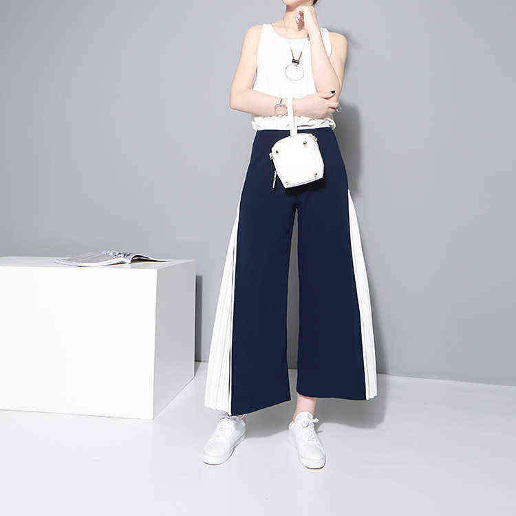 Spring High Waist Blue Side Pleated Split Joint Hit Color Loose Wide Leg Long Pants Women Trousers Fashion JO562 211115
