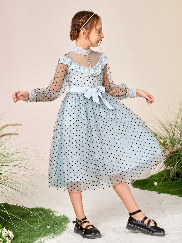 Girls Dobby Mesh Lace Ruffle Trim Belted Dress SHE