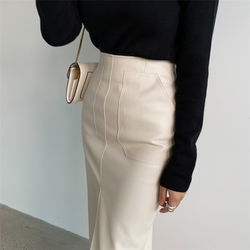 New Spring Women PU Leather Skirts High Waist Pockets Package Hip Skirt Female Front Split Zipper Midi Pencil Skirts 210309