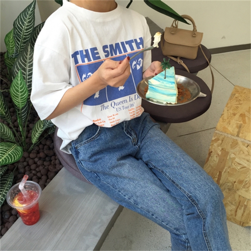 Vintage Letter Printed Causal White Cotton All Match Loose New Fashion Basic Short Sleeve Female T-shirts 210306