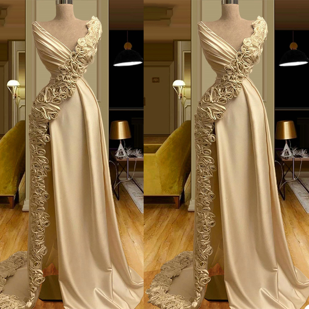 Floral Prom Dresses Sexy Side Split Sleeveless Appliqued Lace Mermaid Evening Dresses Deep V Neck Dubai Arabic Custom Made Robe De Mariée