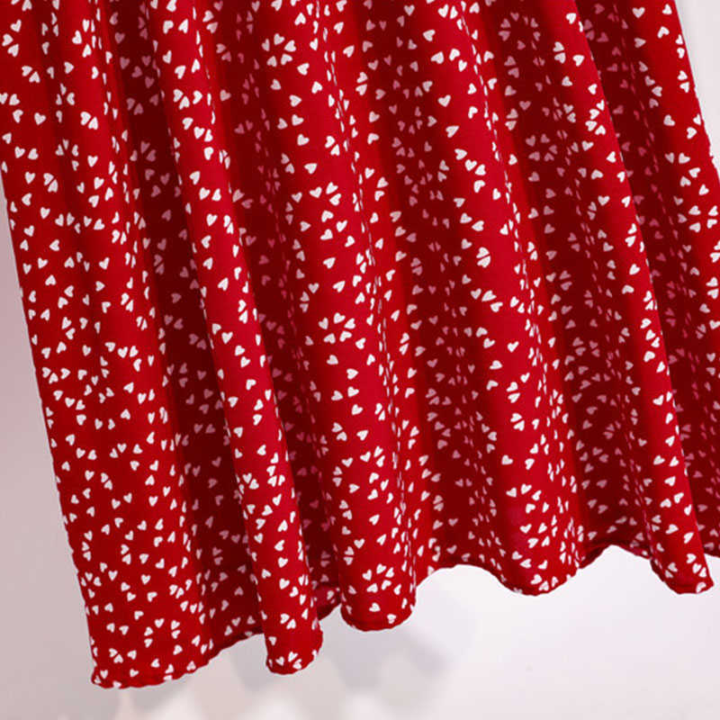 Vintage Butterfly Sleeve Ruffles Heart Dot Print Dress Women Medium Long Chiffon Ladies Spring Summer Dress Red Black Blue 210630