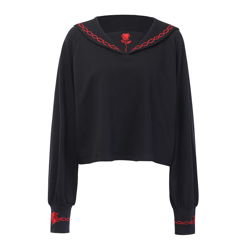 Harajuku Pullover Women Loose Black Sweatshirts Japanese Preppy Style Rose Thorns Embroidery Short Sweatshirt for Gothic Girl 201102