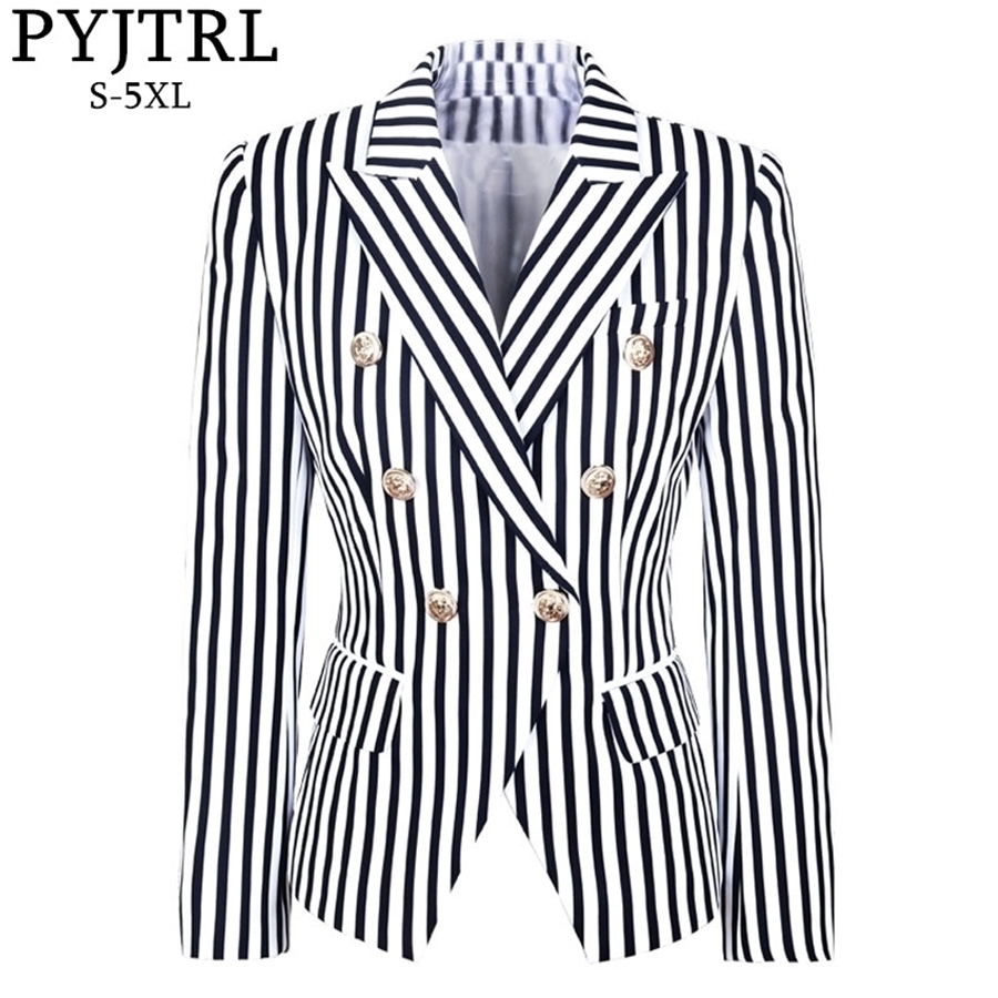 PYJTRL Women Autumn Winter Double-breasted Classic Striped Slim Suit Jacket Navy Blue Black Fashion Street-Wear Printed Blazers 201106