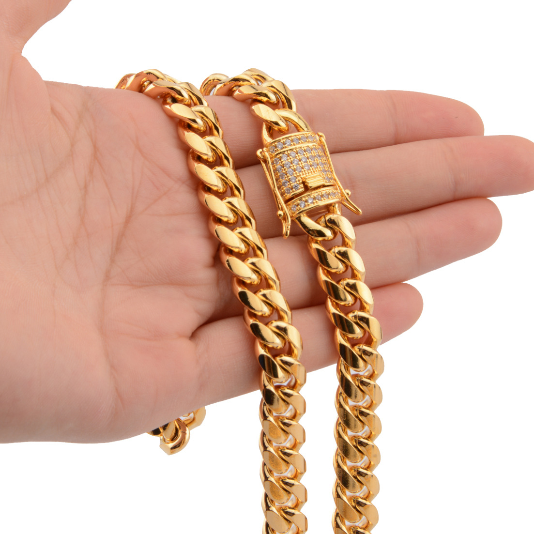 Gold Titanium Chains Steel Stainless Cuban Link Micro-Inlaid White Drill Buckle Encryption Necklace
