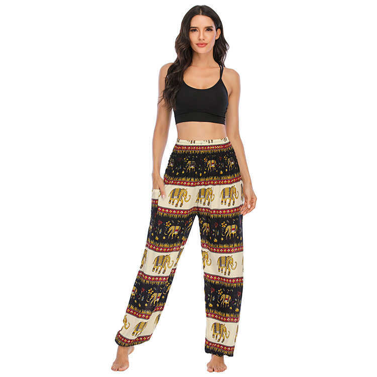 Thiland Female Elephant Print Wide Leg Pants Elastic Waist Loose Joggers Woman Harem Casual Pantalones Mujer Cintura Alta 210604