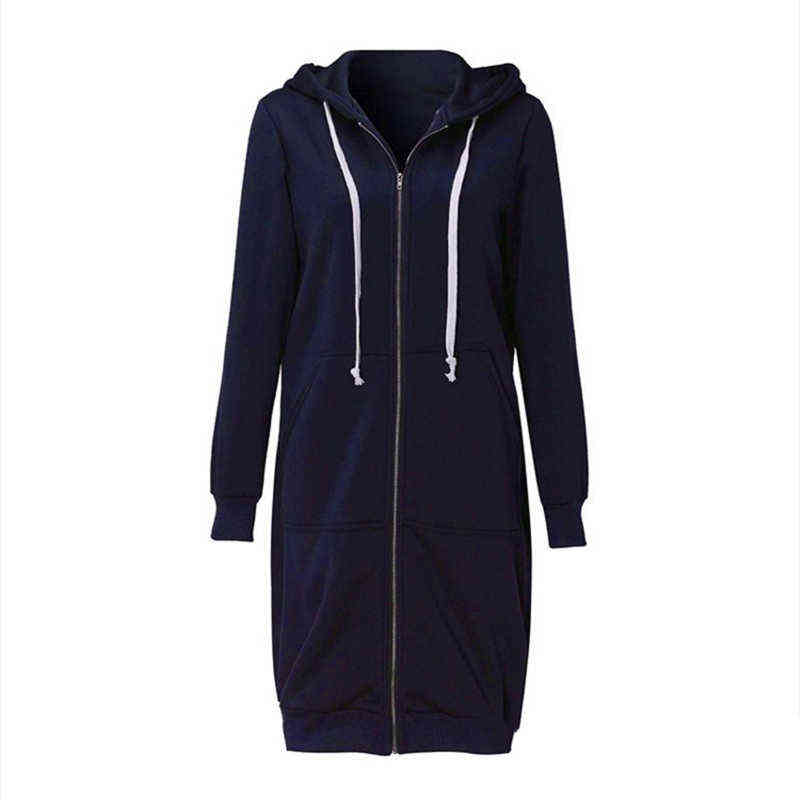 Autumn Casual Women Long Hoodies Sweatshirt Coat Zip Up Outerwears Hooded Jacket Winter Pockets Outwear Tops 211108