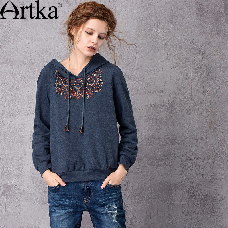 ARTKA Women's Autumn New Solid Color Ethnic Embroidery Hoodie Vintage Hooded Long Sleeve All-match Comfy Hoodie VA10071C 201028
