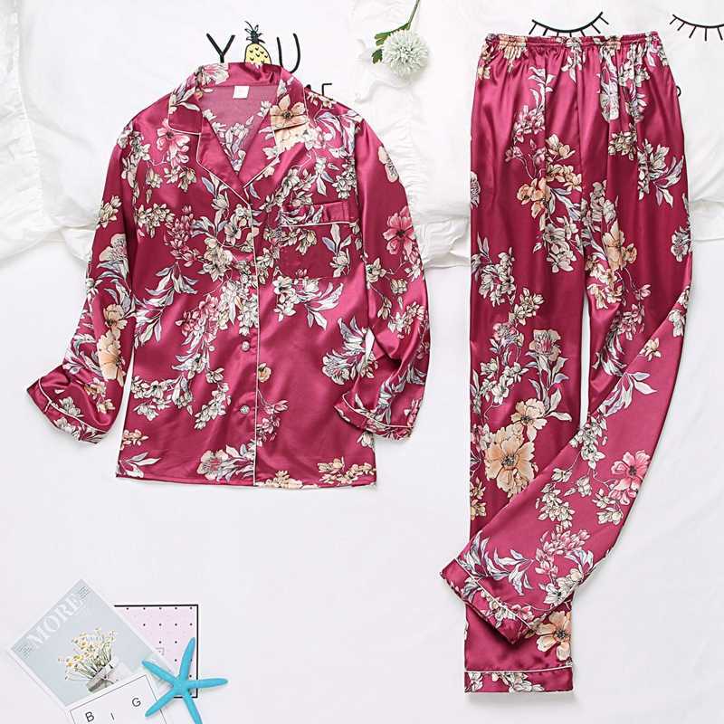 Autumn Winter Print Pattern Women Pajama Set Satin Silk Turn-down Collar Pajamas Sleepwear Long Sleeve Trousers Two Paper Suit 211007